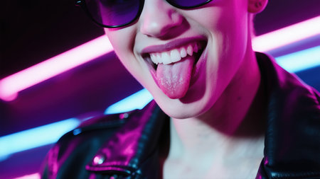 Young person in sunglasses and leather jacket sticking out tongue playfully under bright neon club lightsの素材