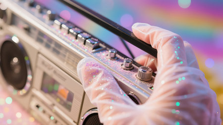 Glittery gloved hand adjusting a silver retro boombox under pastel neon party lights, close-up of controls and cassette deckの素材