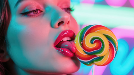 Close-up portrait of a beautiful girl with bright makeup and colorful lollipop.の素材