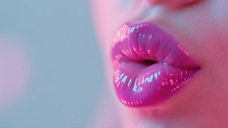 Close up of beautiful female lips with pink glossy lipstick. Sensual female lips close up.の素材