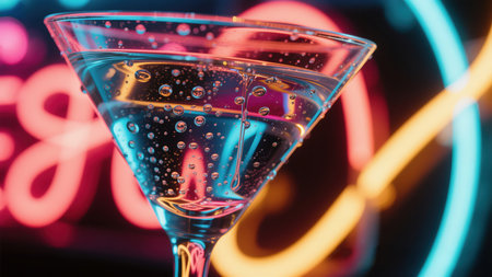 Sparkling cocktail in a martini glass with bubbles against blurred neon bar lights, vibrant nightlife close-upの素材