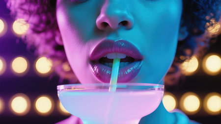Close-up portrait of a beautiful woman drinking cocktail at nightclub.の素材