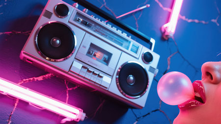 Young woman blowing bubble gum in front of retro boombox on neon backgroundの素材