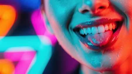 Close-up of smiling mouth with tongue out and water droplets, lit by vibrant neon signsの素材