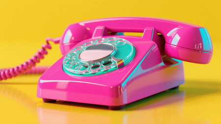 Retro pink rotary phone on a bright yellow background, vibrant pop art communication conceptの素材