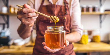 Person in apron holding a glass jar of honey and wooden dipper in a cozy workshop, close-up of handsの素材