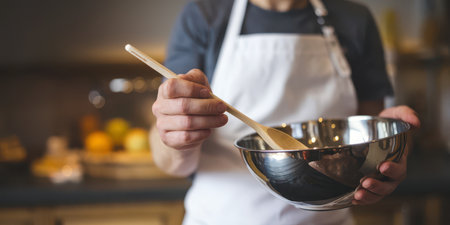 Closeup on woman in apron mixing ingredients in bowl in kitchenの素材
