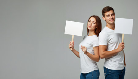 Young man and woman in white t-shirts and jeans standing back to back holding blank protest signs with plenty of copy space on gray backgroundの素材