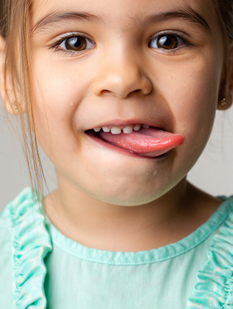 Portrait of a cute little girl showing her tongue on gray backgroundの素材