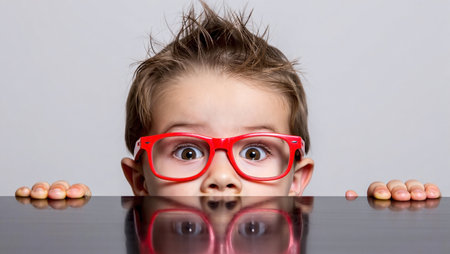 Portrait of a little boy in red glasses on a gray backgroundの素材