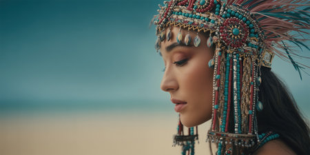 Elegant woman wearing an ornate beaded tribal headdress, side profile against a soft beach background, serene and timelessの素材