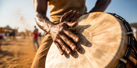 Dynamic close-up of a musician's hand striking a djembe drum outdoors, sand and motion captured in warm natural sunlightの素材
