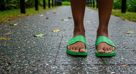 Bare feet in bright green sandals standing on a wet park path after rain, close-up of legs and textured pavementの素材