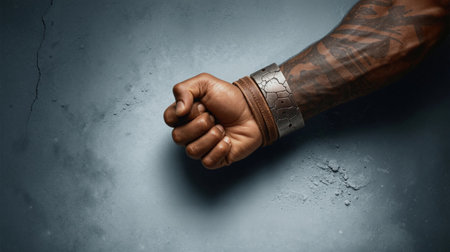 Close-up of a clenched fist wearing a rugged leather wristband against a textured blue-gray background, symbolizing strength and determinationの素材