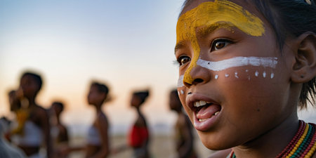 Child with yellow and white face paint singing during traditional outdoor celebration, other kids blurred in background.の素材