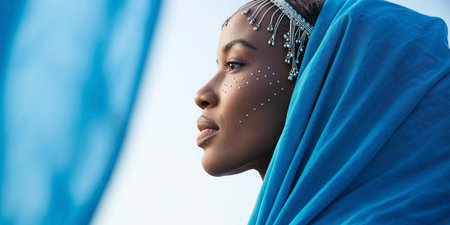 Close up portrait of beautiful African American woman with blue veilの素材