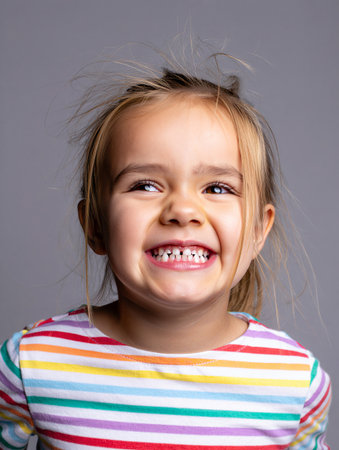 Portrait of a cute smiling little girl on a gray background.の素材