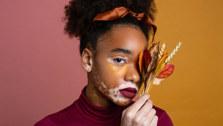 Portrait of young woman with vitiligo in burgundy top holding dried autumn plants, posing against warm gradient background.の素材