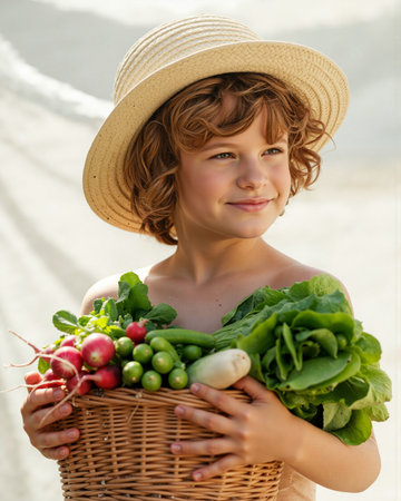 Smiling child in straw hat holding wicker basket full of fresh garden vegetables, symbol of organic farming and healthy eating.の素材