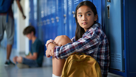 Portrait of schoolgirl sitting in locker room with classmates in backgroundの素材