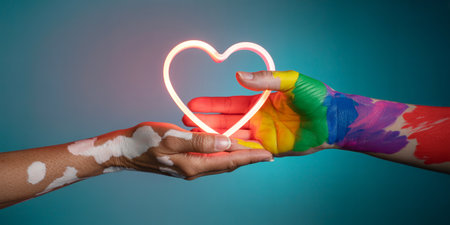 Two hands holding a neon heart, one with vitiligo and the other painted in rainbow colors, symbolizing LGBT pride, diversity and inclusion.の素材