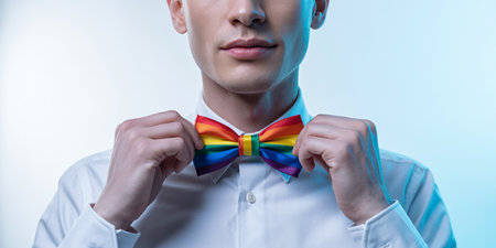 Cropped studio portrait of man in white shirt adjusting bright rainbow bow tie, symbol of LGBT pride and equality.の素材