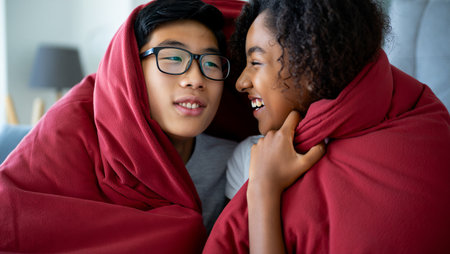 Portrait of happy young multiethnic couple embracing under blanket at homeの素材