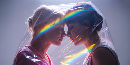 Intimate portrait of two young women touching foreheads under a transparent plastic sheet with refracted rainbow light, symbolizing LGBTQ love and emotional closenessの素材
