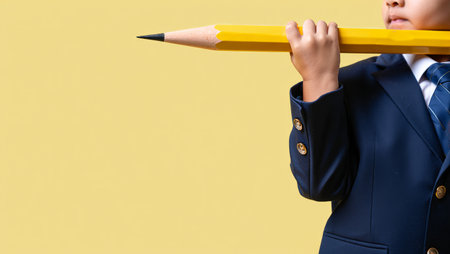 Close up of boy holding big pencil with copy space on yellow backgroundの素材