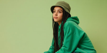 Portrait of a beautiful young woman with dreadlocks in a green hoodie and hat on a green backgroundの素材