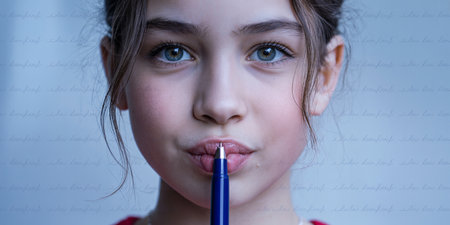 Portrait of a cute little girl with a blue pen on her lipsの素材