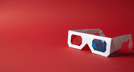 White origami 3D glasses with red and blue lenses on red background, creative cinema and movie entertainment concept.の素材