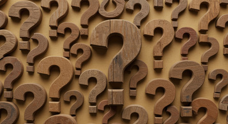 Many wooden question marks of different sizes arranged as a pattern on warm brown background, symbol questions of confusion, curiosity and frequently asked.の素材
