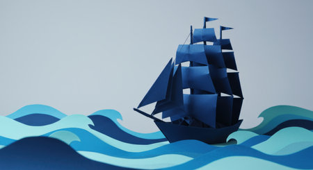 Dark blue paper sailing ship with flags floating on stylized layered blue waves, creative marine papercraft scene on soft background.の素材