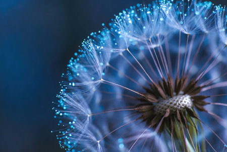Close-up of a Dandelion Seed Head With a Blue Hue, Showing Seed Details and Delicate Structureの素材