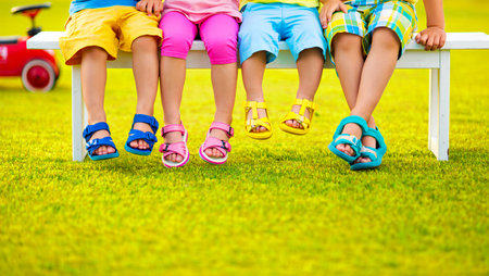 Four Children Sit on a White Bench Outdoors on Sunny Summer Dayの素材