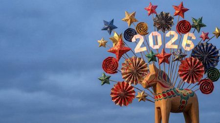 Dalecarlian Horse With 2026, Paper Stars, and Rosettes Against a Dusky Blue Sky for Celebration in Swedenの素材