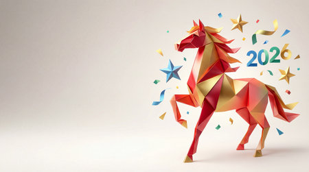 Origami Horse and the Year 2026 With Confetti, Stars, and Vibrant Colors for New Year's Celebrationsの素材