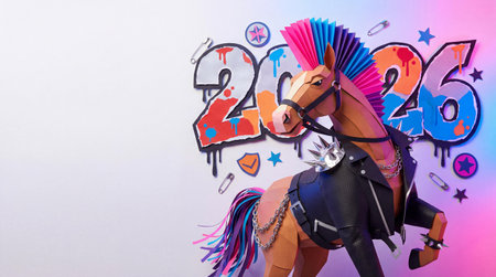 Paper Horse With a Punk Style and Leather Jacket Stands in Front of Graffiti Art 2026 Against a Light Backgroundの素材