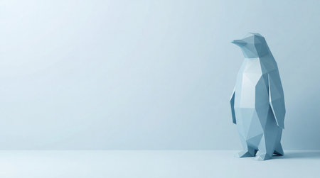 Geometric Penguin Sculpture Stands in a Pale Blue Room, Creating a Minimalist, Modern Designの素材