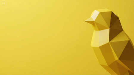 Yellow Three-Dimensional Bird on Simple Background, Appearing Polygonal and Angular in Abstract Digital Art Styleの素材