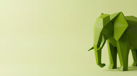 Green Geometric Elephant Figure Stands Against a Pale Green Backdrop, Casting a Subtle Shadowの素材
