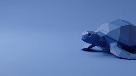 Low Poly Geometric Turtle Sculpture on a Plain Blue Background, Minimalist Styleの素材