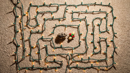 Hamster Navigating Christmas Light Maze, Accompanied by a Peanut Wearing Holiday Decorationsの素材