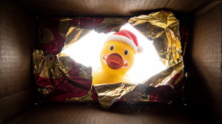 Duck Wearing Santa Hat Inside Christmas Gift Box Looking Out at Youの素材