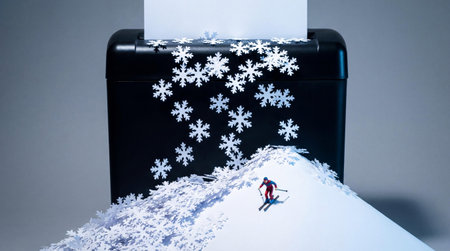 Skier Riding Paper Shredder Snow Hill With Snowflake Decorations, Documents, and Creative Winter Sceneの素材