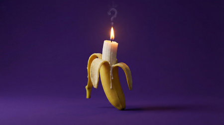 Banana Peel Holds Candle, a Question Mark of Smoke Sits Above Flame Against Purple Backgroundの素材