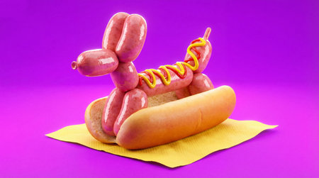 Hot Dog Made of Sausages Shaped Like a Balloon Animal on a Bright Purple Backgroundの素材