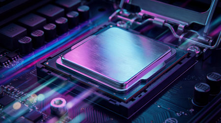 Close-up of Computer Central Processing Unit Installed on a Motherboard With Blue and Pink Light Streaksの素材