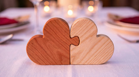 Wooden puzzle hearts on romantic dinner table with candlesの素材
